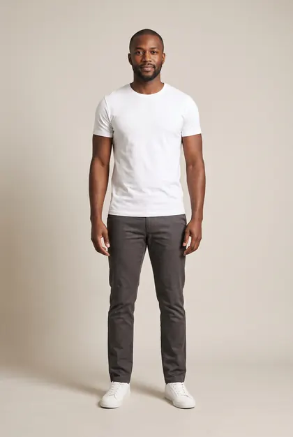 The original photo of the man, in a white tee and charcoal chinos
