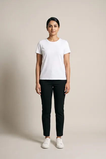 The original photo of the woman, in a white tee and black trousers