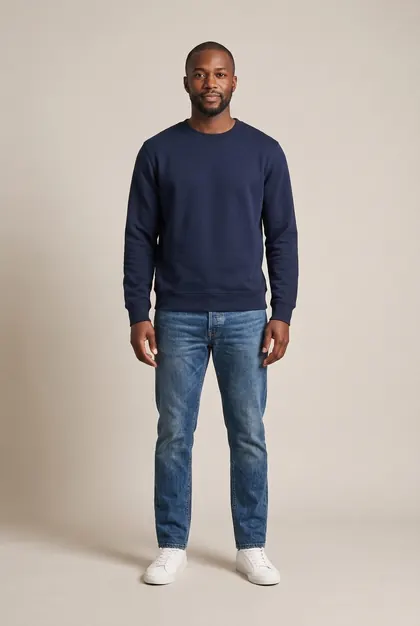 AI try-on example: the same man in navy crew-neck sweatshirt, mid-wash jeans, white sneakers (casual)