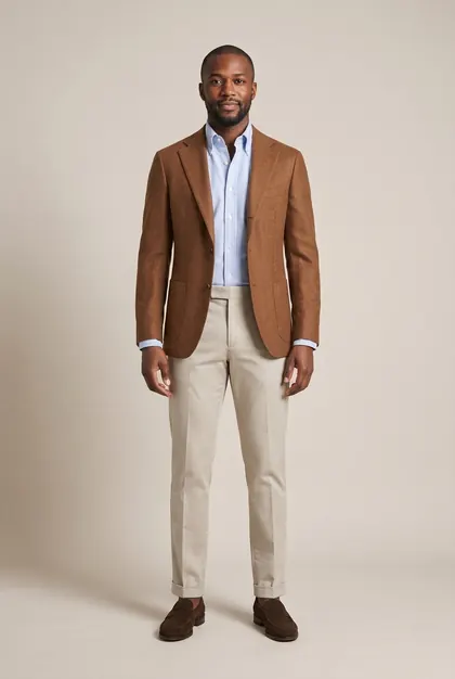AI try-on example: the same man in tobacco blazer, light-blue oxford shirt, stone chinos, brown suede loafers (smart casual)
