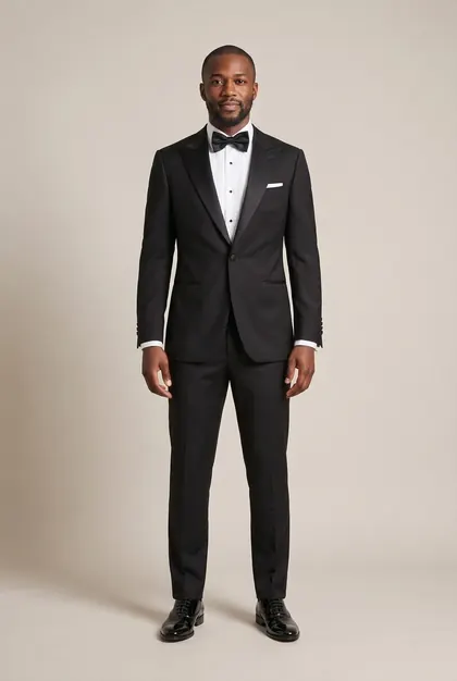 AI try-on example: the same man in black dinner suit with satin peak lapels, pleated shirt, black bow tie, patent shoes (black tie)