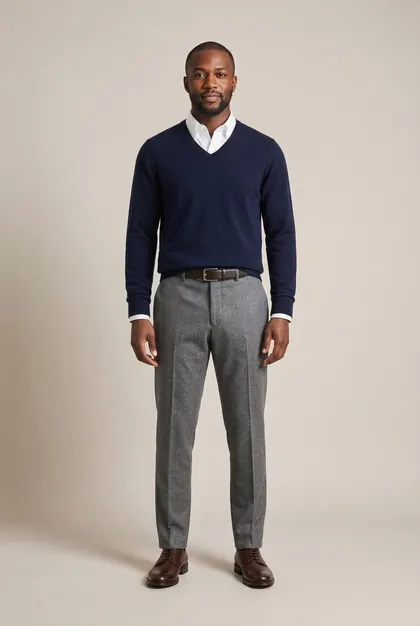 AI try-on example: man in navy V-neck over a white button-down, grey wool trousers, brown derbies