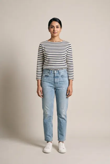 AI try-on example: the same woman in breton striped top, light-wash jeans, white sneakers (casual)