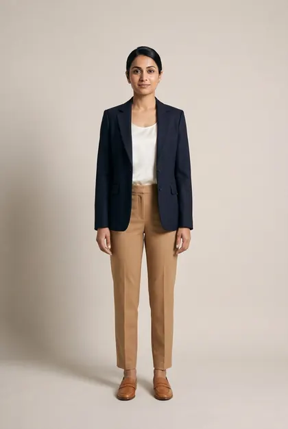 AI try-on example: the same woman in navy blazer over an ivory shell, tan tailored trousers, tan loafers (smart casual)