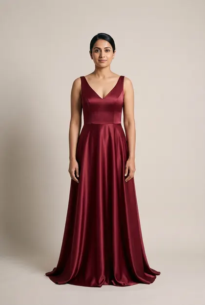 AI try-on example: the same woman in floor-length garnet satin gown (black tie)