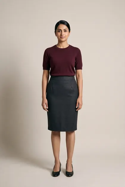 AI try-on example: woman in burgundy knit top, charcoal pencil skirt, black pumps